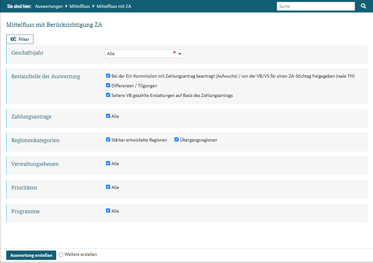 Filterdialog für die Auswertung "Mittelfluss mit ZA"