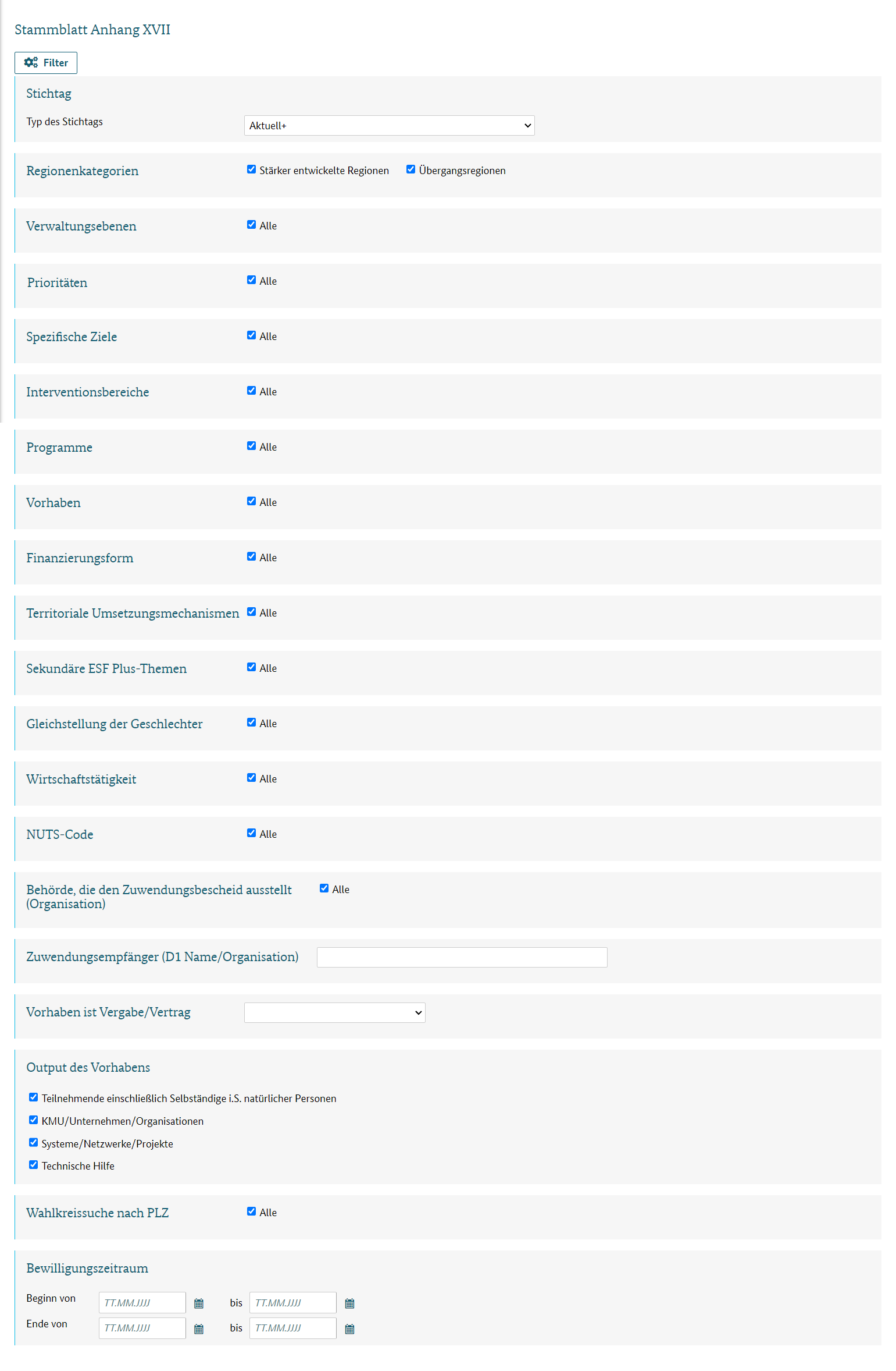 Filterdialog für die Auswertung "Vollständiger Stammblattbericht"