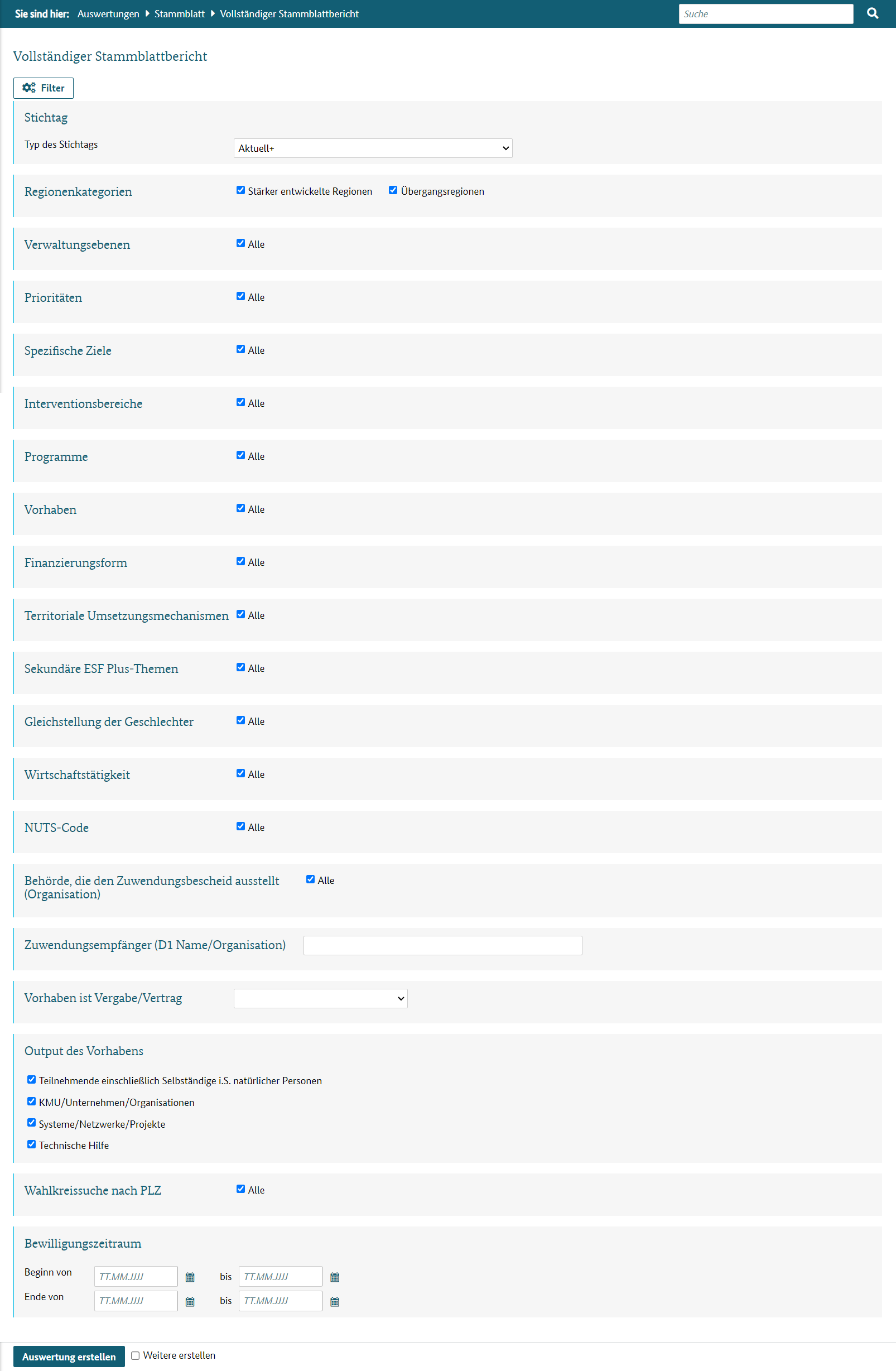 Filterdialog für die Auswertung "Vollständiger Stammblattbericht"