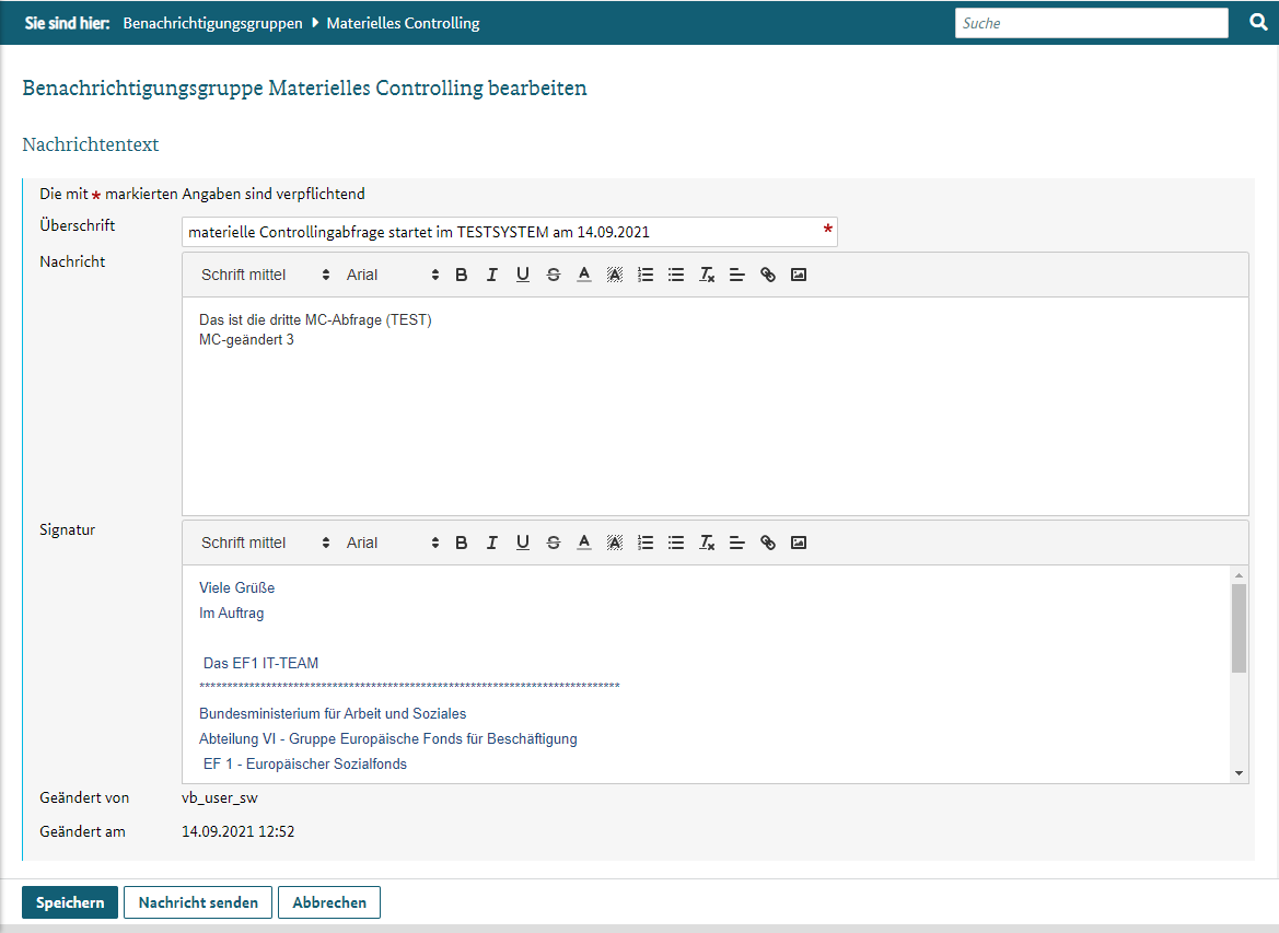 Dialog um die Benachrichtigungsgruppe materielles Controlling zu bearbeiten