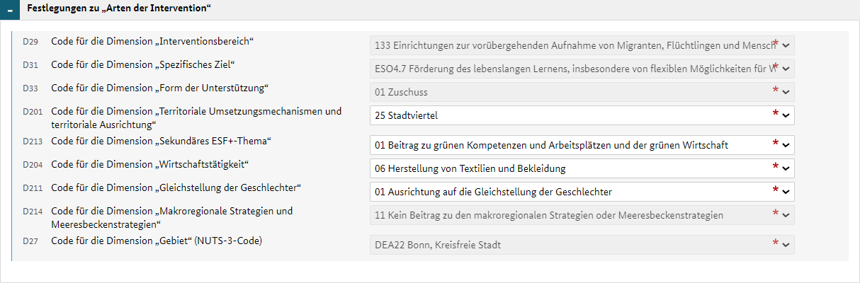 Teil C des Stammblatts. Hier werden Daten zur Einordnung des Vorhabens in das Kategoriensystem der EU angezeigt.