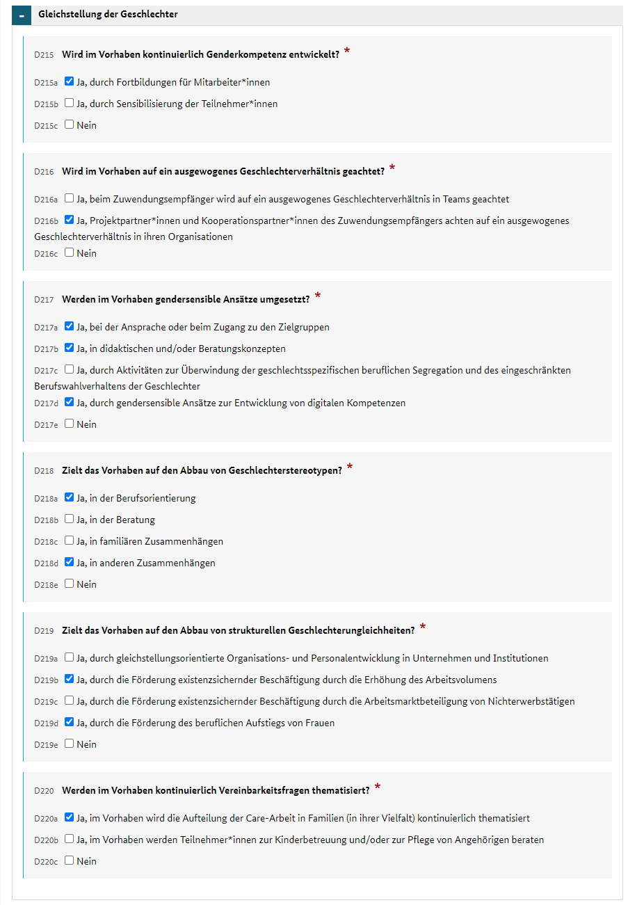 Teil C des Stammblatts. Hier werden Daten zur Einordnung des Vorhabens in das Kategoriensystem der EU angezeigt.