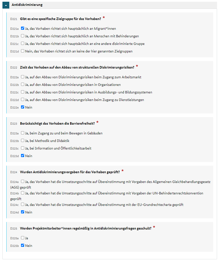 Teil C des Stammblatts. Hier werden Daten zur Einordnung des Vorhabens in das Kategoriensystem der EU angezeigt.