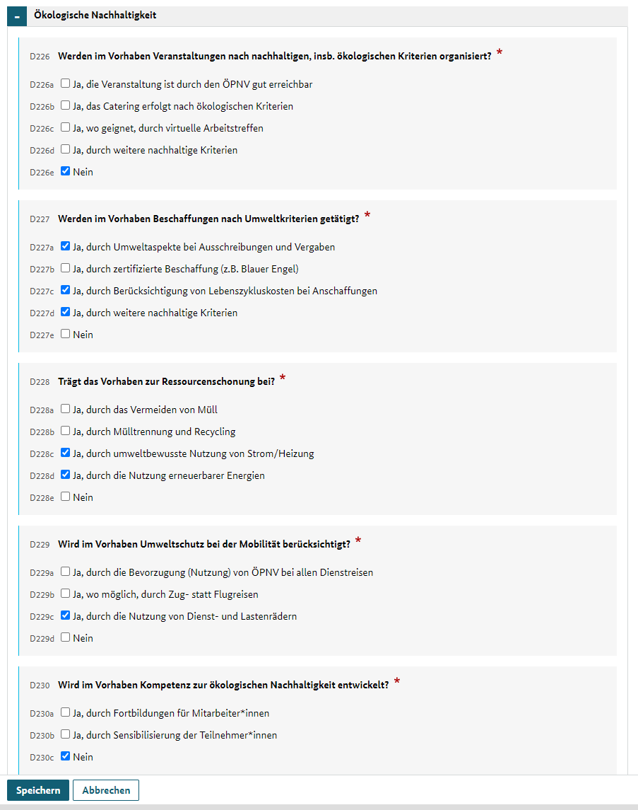 Teil C des Stammblatts. Hier werden Daten zur Einordnung des Vorhabens in das Kategoriensystem der EU angezeigt.